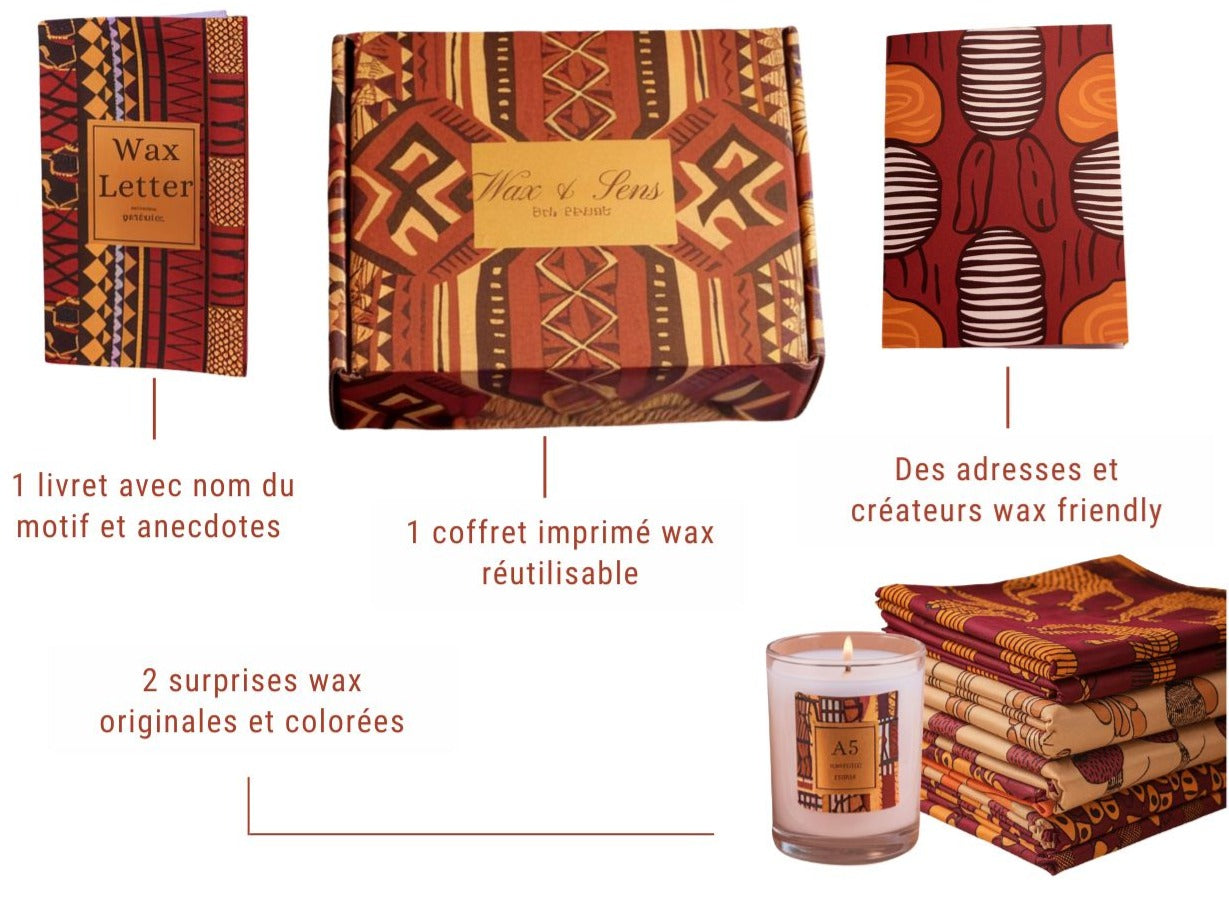 Vue du contenu de la box bimestrielle Wax & Sens avec tissus wax et accessoires.